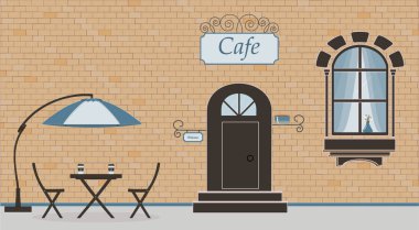 Rustik tarzda güzel sahne. Kafe, tuğla duvar, pencere, kapı, merdiven, çiçekler bir cephe. Güneş şemsiyesi, karton bardak kahve ve sandalye ile şirin ahşap masa. Vektör çizim