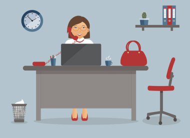 Muhasebeci veya office çalışan Office mavi arka plan üzerinde çalışma yeri. Vektör çizim. Tablo, saat, fincan kahve, kırmızı çanta, sandalye, telefon. Reklam, yer, dergiler için mükemmel
