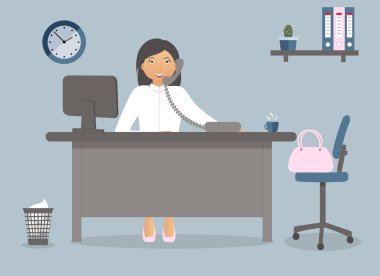 Muhasebeci veya office çalışan Office mavi arka plan üzerinde çalışma yeri. Vektör çizim. Tablo, saat, fincan kahve, pembe çanta, sandalye, telefon. Reklam, yer, dergiler için mükemmel
