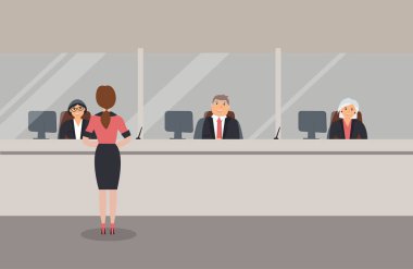 Banka ofis iç: Banka çalışanları ile cam bir engel otur ve banka müşterilerine hizmet vermektedir. Zarif iç mali kurum. Kadın müşteri banka sayacı duruyor. Vektör çizim