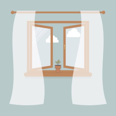 Ahşap pencere için mavi arka plan üzerinde odanın iç tasarım öğesi olarak tül ile. Beyaz bulutlar ve gökyüzü dışında. Pencere pot bitki. Vektör çizim
