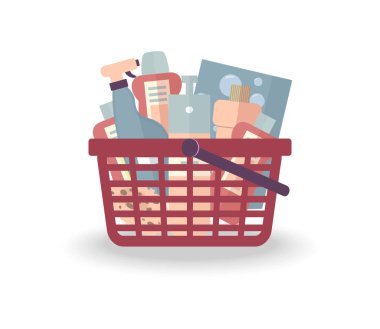 Toz ve temizlik ev, ofis, Restoran, otel beyaz zemin üzerine sünger yıkama deterjan, kırmızı sepetle. Vektör düz çizim