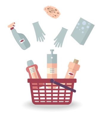 Product purchase concept: Detergents,washing powder,gloves and a sponge for cleaning house, office, restaurant, hotel are falling into the red basket. On white background. Vector flat illustration clipart