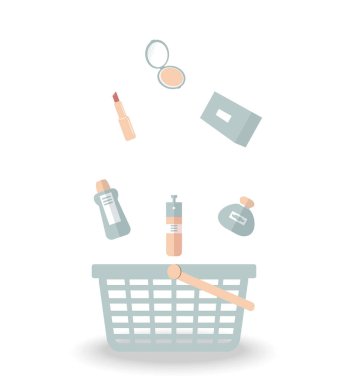 Ürün kavramı: Kozmetik, ruj, toz parfüm, losyon, krem, sprey, vücut süt yapmak için yukarı satın alın ve yüz ve vücut bakımı mavi sepet içine düşüyor. Beyaz arka plan üzerinde. Vektör düz çizim