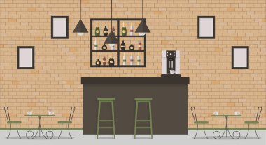 Loft tarzı kafe ya da bar iç. Bar counter, tablolar, farklı sandalye ve alkol şişeleri ile raflar. Kahve makinesi, kahve, lambalar ve resimleri asılı. Vektör düz çizim