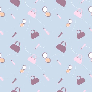 Kusursuz güzellik desen çanta, ruj ve tozlar. Basit sevimli stil. İmalat, tekstil veya kitap kapakları, giyim, çanta, duvar kağıdı, baskı, hediye paketi ve scrapbooking için komik pembe arka plan