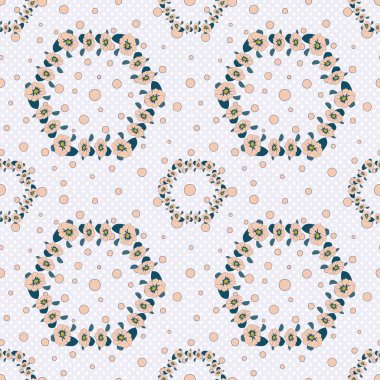 Tozlu Pembe Polka noktalar ile bir kafes arka plan içine beyaz mavi trendy renklerde Dikişsiz desen. Pembemsi çiçeklerden çelenkler. Vector. fon imalat, kapakları, Giysi, duvar kağıtları, hediye Wrap