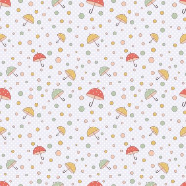 Çok renkli Polka noktalar ve şemsiyeler ile pastel renklerde sevimli basit Dikişsiz desen. Vektör. çocuk giyim, Bebek bezi, kapakları, giyim, duvar kağıdı, tekstil, kumaş imalatı için baskı