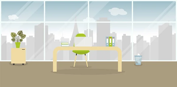 スカンジナビア様式の現代オフィスの働く場所の内部 高層ビルと都市の風景を持つ大きな窓 ベクトル テーブル フォルダ モンステラ サイト — ストックベクタ