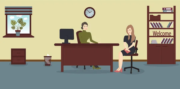 Vorstellungsgespräch Gespräch Mit Einem Bewerber Weibliche Personalvermittlerin Hält Ein Unternehmenstreffen — Stockvektor