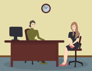 HR, röportaj, bir iş başvurusu ile konuşmak. Kadın işveren, işe alınacak bir aday olarak genç bir kadınla kurumsal bir toplantıya sahiptir, sormak. Ofis iç. Vektör düz stil karikatür illüstrasyon
