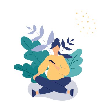 Cep telefonu kullanarak trendy kavramı: kız Yoga oturup akıllı telefon ile poz. Düz funky rakamlar tarzı. Güzel yaprakları ve Polka noktalar dekore edilmiştir. Vektör Illustration