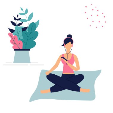 Fitness sınıfı ve cep telefonu kullanarak trendy kavramı: kız Yoga oturup akıllı telefon ve kulaklıklar ile poz. Düz funky rakamlar tarzı. Güzel yaprakları ve Polka noktalar dekore edilmiştir. Vektör Illustration