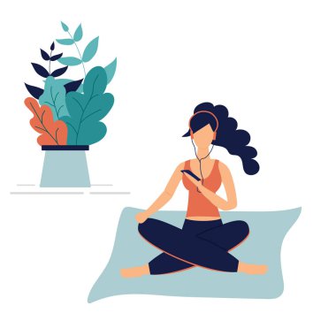 Fitness sınıfı ve cep telefonu kullanarak trendy kavramı: kız Yoga oturup akıllı telefon ve kulaklıklar ile poz. Düz funky rakamlar tarzı. Güzel yaprakları ve Polka noktalar dekore edilmiştir. Vektör Illustration