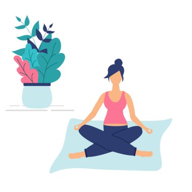 Fitness sınıfının trendy kavramı: sevimli hamile kız Yoga Lotus poz oturmak. Düz funky rakamlar tarzı. Güzel yaprakları ve Polka noktalar dekore edilmiştir. Vektör Illustration. Reklam, logo, broşürler, broşür için