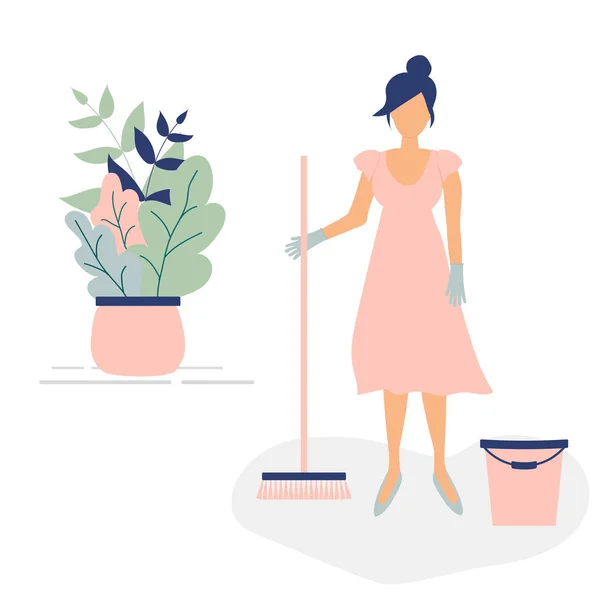 Cute cleaner woman in pink dress like a cinderella with sweeping brush and bucket.Decorated beautiful leaves and branches.Vector illustration.For ad,logo for cleaning company,leaflets,flyers,brochures