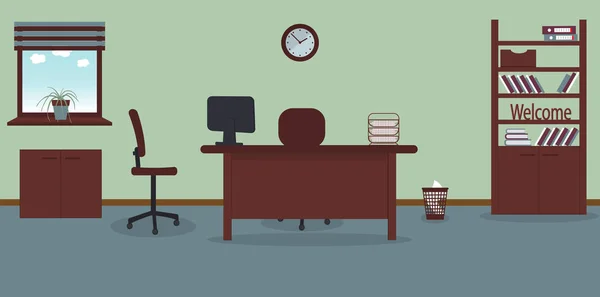 Açık Yeşil Arka Planda Ofiste Çalışma Yeri Vektör Illustration Mobilya — Stok Vektör