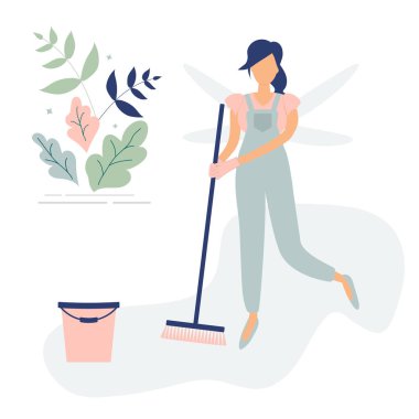 Fırça ve kova süpürme ile bir kelebek gibi mavi tulum sevimli temiz kadın. Güzel yaprakları ve dalları dekore edilmiştir. Vektör Illustration. Reklam, temizlik şirketi, broşür, broşürler için logo