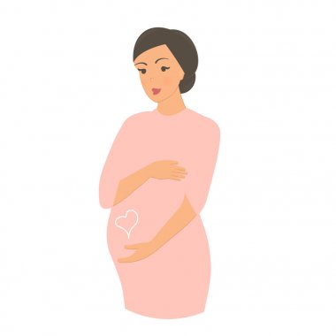Beyaz arka planda izole elbise kalp ile pembe elbise sevimli hamile kız. Vektör Illustration. Reklam, logo, broşür, kitapçık, broşürler için