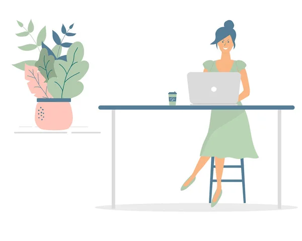 Mujer Linda Freelancer Trabajo Por Ordenador Mesa Personaje Femenino Exitoso — Vector de stock