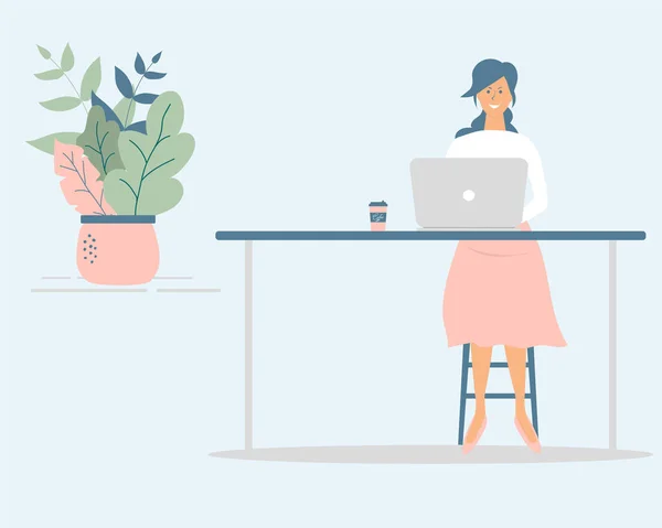 Mujer Linda Freelancer Trabajo Por Ordenador Mesa Personaje Femenino Exitoso — Archivo Imágenes Vectoriales