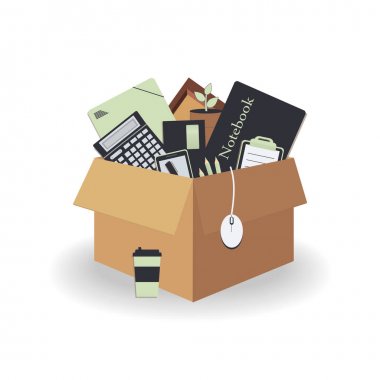 Yeni ofise taşınma kavramı. Karton kutu 3d trendy renklerde klasörler nane lacivert, ahşap çerçeve, kalem, kalem, yapılacaklar listesi, planlayıcı, zarf, bitki, fare, kahve, cep telefonu. Vektör çizimi