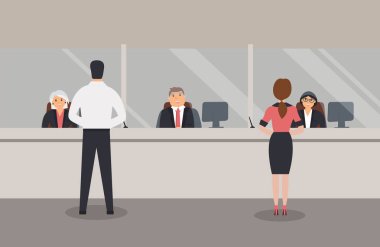 Banka ofisi iç: Banka çalışanları cam ile bir bariyer arkasında oturup Banka müşterilerine hizmet vermektedir. Zarif iç finans kurumu. Kadın ve erkek müşteriler banka sayacının yanında duruyorlar. Vektör