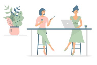 Modern ofis veya kafede masa başında oturan, defter ve tablette çalışan kadın arkadaşlar veya meslektaşlar kahve içip konuşuyorlar. Etkili ve üretken bir takım çalışması. El çizimi stili vektör tasarımı çizimleri