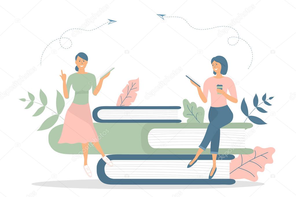 Business concept,team metaphor:people sit on books and read books,have a cup of coffee.Vector illustration flat design style.Symbol of teamwork, cooperation, partnership,coworking