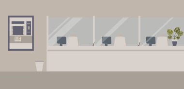 Banka ofisi iç: Cam, Atm veya nakit makinesi, bin ile Banka bariyer. Zarif iç finans kurumu. Üzerinde saksı bitki monstera ile banka sayacı ile Hall. Vektör çizimi