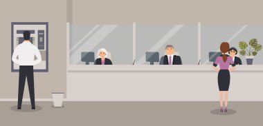 Banka ofisi iç: Banka memurları cam, Atm veya nakit makinesi, bin ile bariyer arkasında oturup. Zarif iç finans kurumu. Saksıda bitki monstera ile banka sayacı ile Hall. Vektör çizimi
