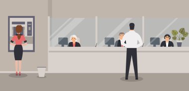 Banka ofisi iç: Banka memurları cam, Atm veya nakit makinesi, bin ile bariyer arkasında oturup. Zarif iç finans kurumu. Saksıda bitki monstera ile banka sayacı ile Hall. Vektör çizimi