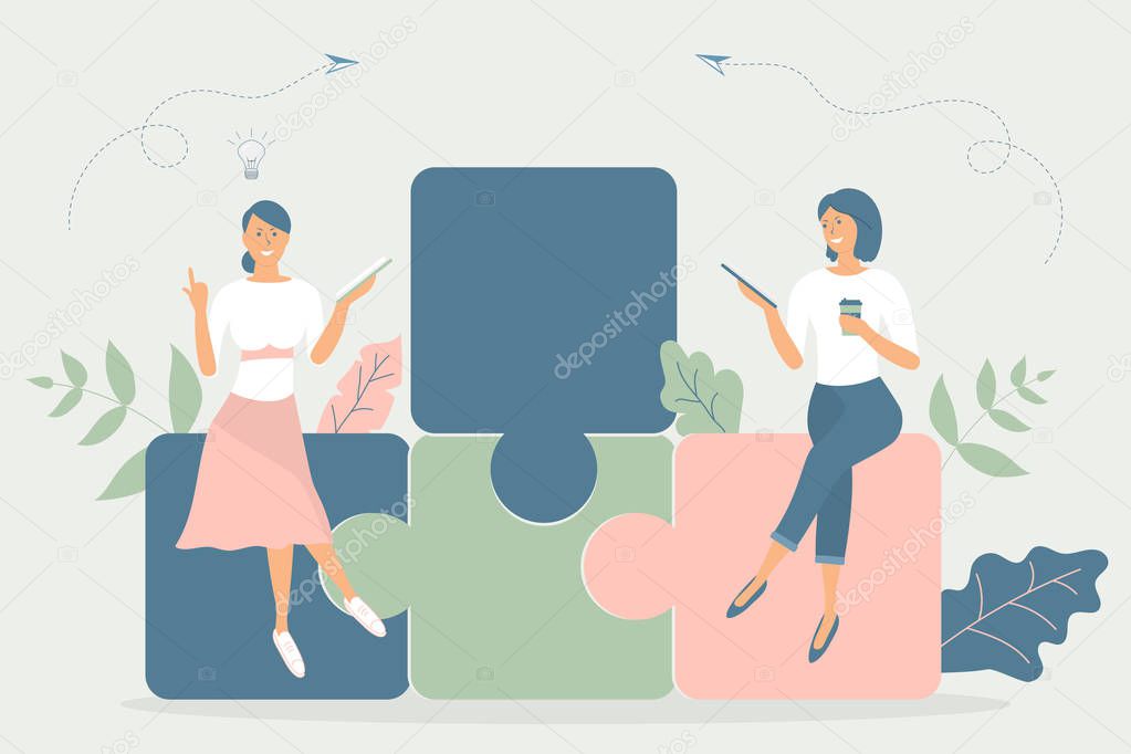 Business concept,team metaphor:people sit on puzzles, read book,work on tablet,notebook,have cup of coffee.Vector illustration flat design style.Symbol of teamwork, cooperation, partnership,coworking