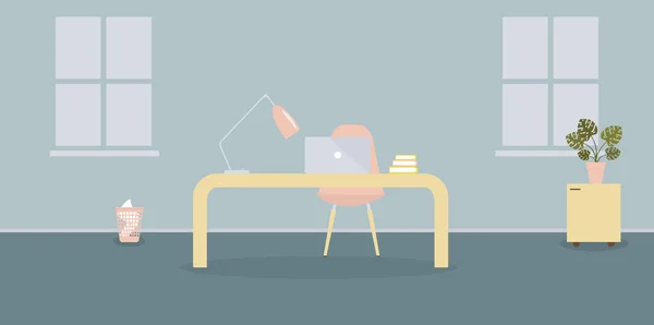 스칸디나비아 스타일의 현대적인 사무실에서 장소의 인테리어 그림입니다 테이블 테이블 몬스터 — 스톡 벡터