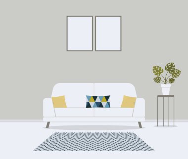 Modern minimalist İskandinav tarzı oturma odası. Ev iç için Mobilya: kanepe, kanepe, sevimli desen minder, halı, masa, pot monstera. İç mekan konsept vektör illüstrasyonu