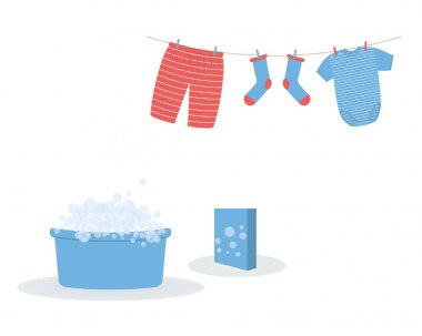 Yıkama: yıkanmış bebek giysileri sevimli Capri pantolon, çorap ve bodysuit clothesline asılı ve clothespins tarafından eklenir. Sabun köpük ve çamaşır tozu paketi ile mavi yıkama havzası. Vektör çizimi