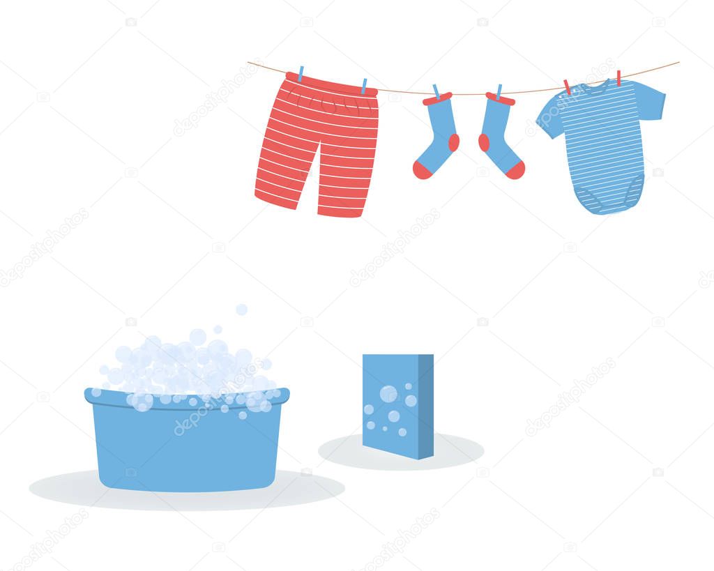 Washing: washed baby clothes cute Capri pants,socks and  bodysuit hanging on clothesline and they are attached by clothespins.Blue wash basin with soap foam and pack of washing powder.Vector illustration