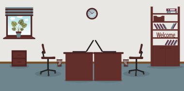 Açık gri arka plan üzerinde ofiste çalışma yeri iç. Vektör illüstrasyon. Mobilya: masa, sandalye, klasörler ve kitaplar ile dolap. Duvar saati, monstera, pencere, çöp kutusu. Reklam için, siteler