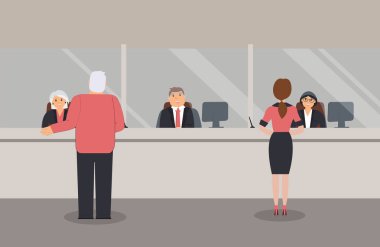 Banka ofisi iç: Banka çalışanları cam ile bir bariyer arkasında oturup Banka müşterilerine hizmet vermektedir. Zarif iç finans kurumu. Kadın ve erkek müşteriler banka sayacının yanında duruyorlar. Vektör