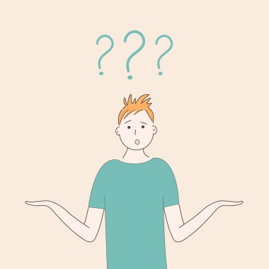 Yeşil tişörtlü bir adam saf meraklı komik yüzü ve kolları yla omuz silkiyor. Başının üstünde üç soru işareti var. Karmaşık bir soruya cevap arayan insan kavramı. Vektör.El çizilmiş