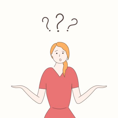 Kırmızı elbiseli bir kız saf meraklı komik yüz ve kollar ayrı omuz silkiyor. Başının üstünde üç soru işareti var. Karmaşık bir soruya cevap arayan kadın kavramı. Vektör.El çizilmiş