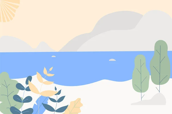 Фантастичний Милий Приморський Пейзаж Модні Рослини Моди Листя Гори Сонце — стоковий вектор
