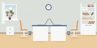 Açık gri arka plan üzerinde ofiste çalışma yeri iç. Vektör illüstrasyon. Mobilya: masa, sandalye, klasörler ve kitaplar ile dolap. Duvar saati, monstera, pencere, çöp kutusu. Reklam için, siteler