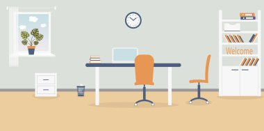 Açık gri arka plan üzerinde ofiste çalışma yeri iç. Vektör illüstrasyon. Mobilya: masa, sandalye, klasörler ve kitaplar ile dolap. Duvar saati, monstera, pencere, çöp kutusu. Reklam için, siteler