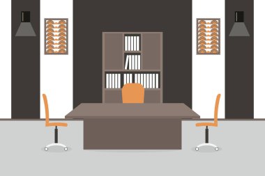 Ofiste ki işyerinin içi. Vektör illüstrasyon. Mobilya: masa, sandalye, klasörler, resimler, duvar lambası ile dolap. Reklam için, siteler