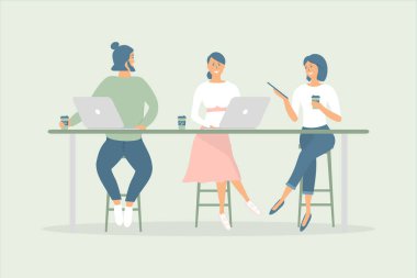 Modern ofis veya kafede masa başında oturan kadın ve erkek arkadaşlar veya iş arkadaşları, defter ve tablette çalışıyor, kahve içiyor, konuşuyor. Etkili ve üretken takım çalışması. El çizimi stili vektör çizimleri