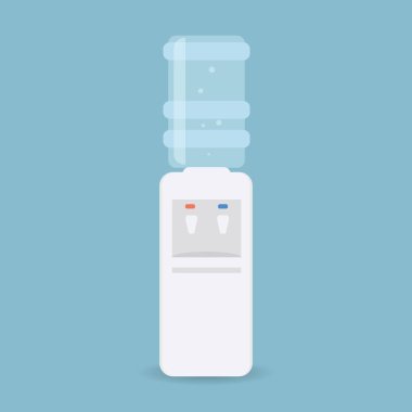 Water cooler for office and home. Bottle office, plastic and liquid. Gray water cooler with blue full bottle and hot and cold water taps. Isolated on light blue background.Vector illustration clipart