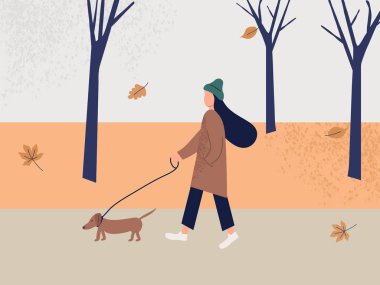 Sevimli kız yalnız parkta köpek ile sonbaharda yürüyüş. Sonbahar rahatlatıcı manzara. Düz tarzda renkli vektör illüstrasyon