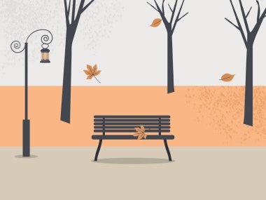 Sonbahar parkı. Sonbahar yatıştırıcı manzara: ağaçlar, yapraklar, gökyüzü, yalnız yaprak, antika fener ile boş tezgah. Düz tarzda renkli vektör illüstrasyonu