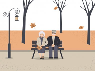 Sonbahar parkında mutlu aile son sınıfları. Sevimli gülümseyen yaşlı adam ve kadın parkta bankta oturuyor. Emekli yaşlı çift aşık. Sonbahar yatıştırıcı manzara: ağaçlar, yapraklar, gökyüzü, antika fener. Düz tarzda renkli vektör illüstrasyonu